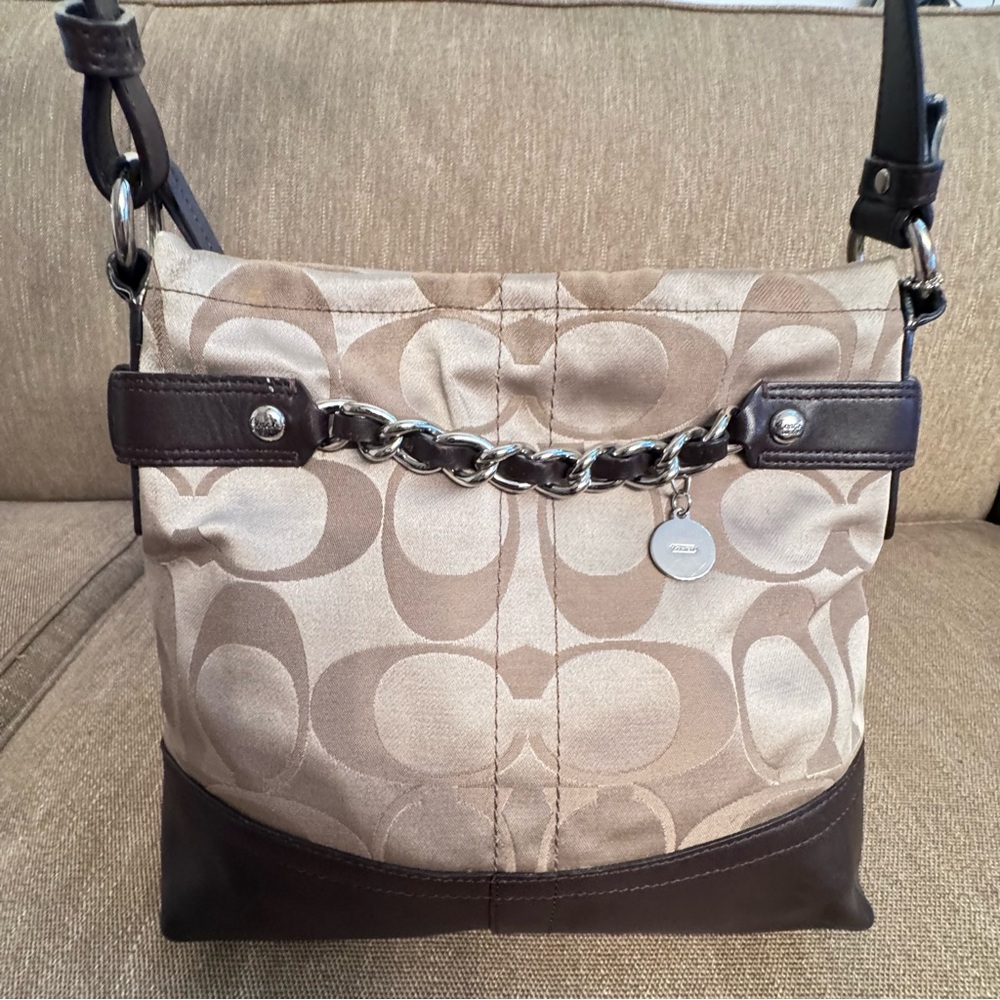 Coach Beige and Dark Brown Signature Shoulder Bag